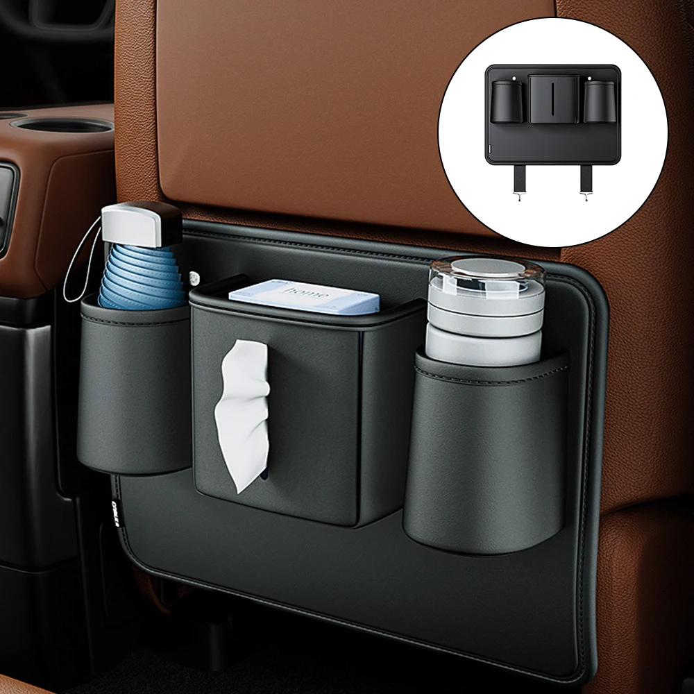 

Car Seat Back Anti Kick Pad With Cup Holder Tissue Bag Trash Can Bin Garbage Auto Backseat Protector Short PU Leather