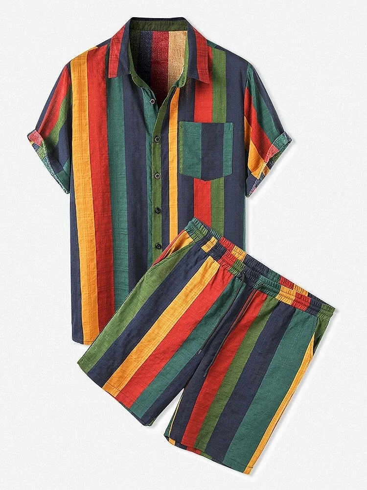 Summer Men's 2 Piece Set, Colorful Striped Hawaiian Short Sleeve Shirt + Drawstring Beach Shorts Casual Vacation Outfits