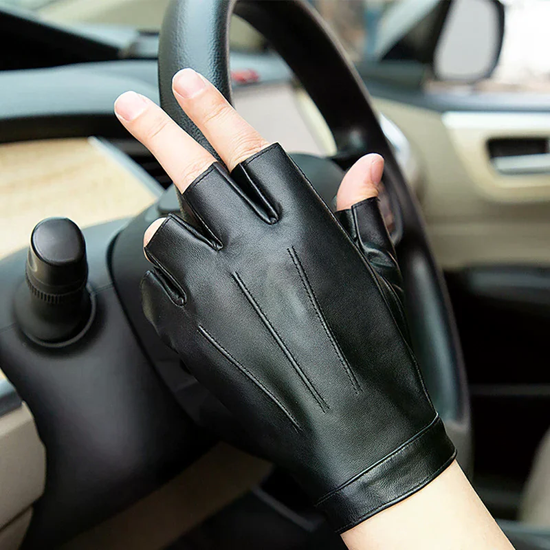 Black half finger outdoor tactical men's leather driving gloves, no finger men's gloves, PU leather men's multi finger gloves