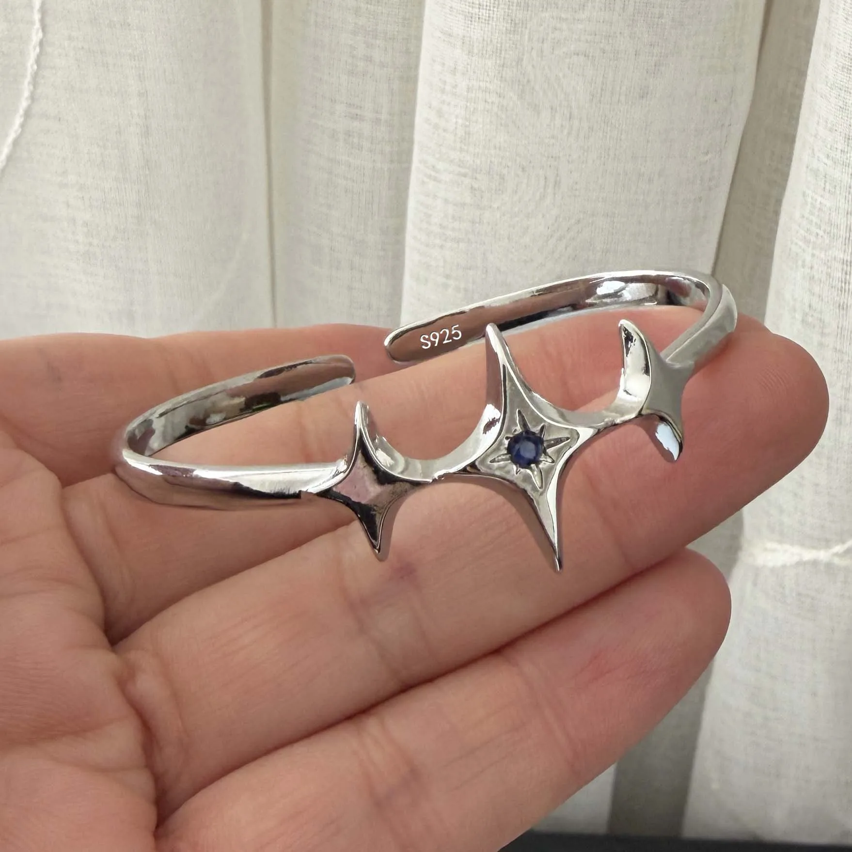 

100% Solid 925 Sterling Silver Retro Bracelet for Women Geometric Handmade Blue Zircon Star Shape Simple Bracelet Birthday Gift