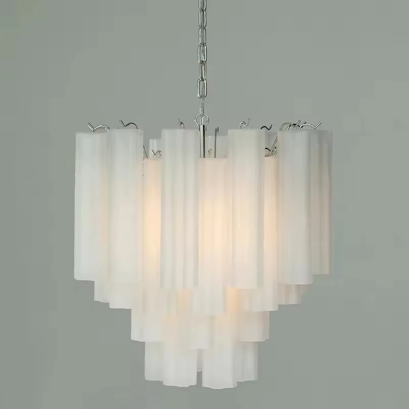 French Art Deco Stained Glass Tube Chandelier Luxury LED E14 Hanging Pendant Light for Living Room Dining Room Foyer Lighting