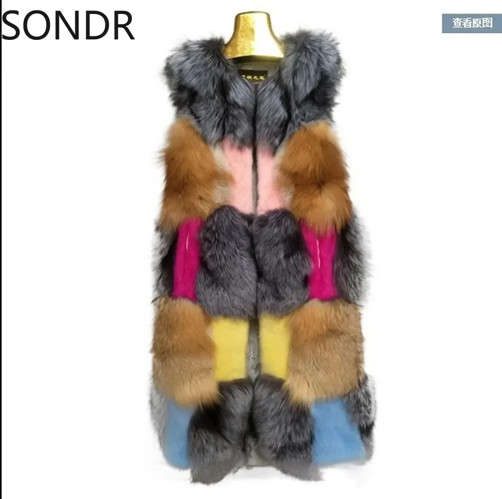 Womens Luxury Imitation Mink Fur Coat Colorblock Winter Warm Plush Parka Vest Sleeveless Long Furry Match Colors Outwear Luxury