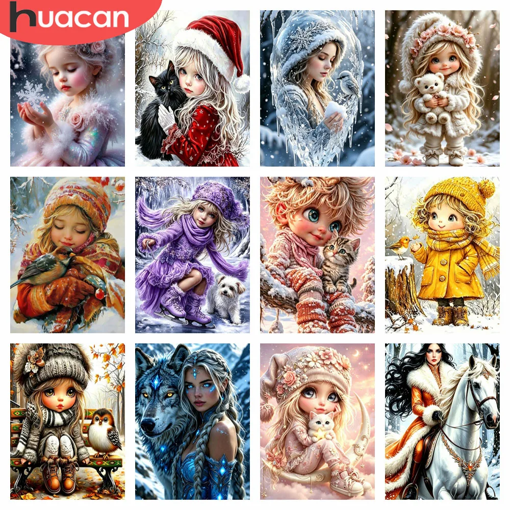HUACAN Diamond Mosaic 5d Girl Winter Portrait Full Kits Diamond Painting Snow Figure Handicrafts Home Room Art Craft