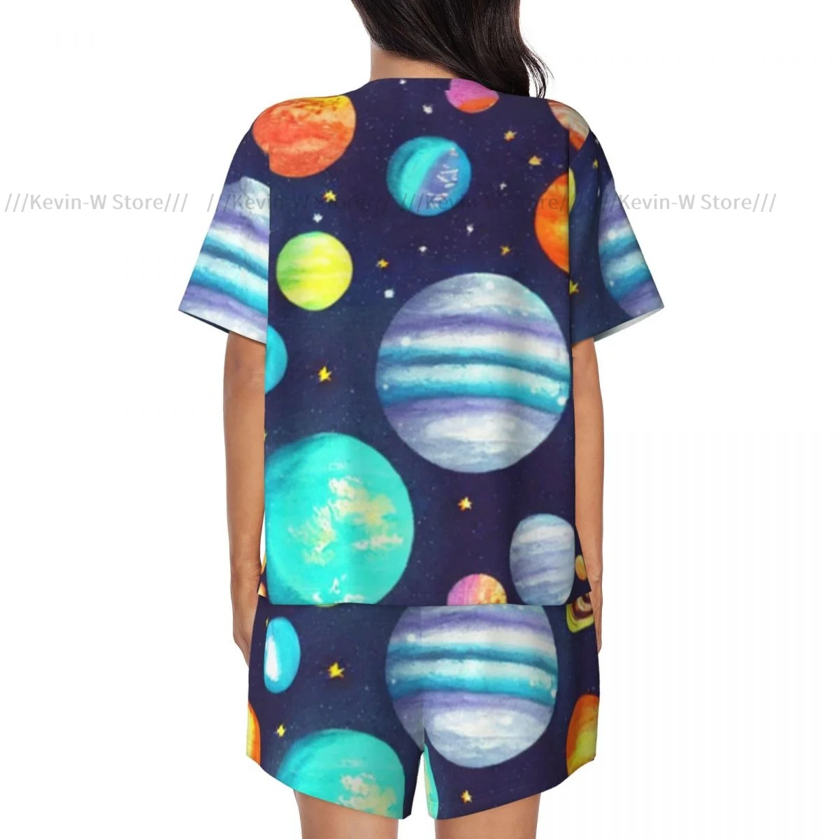 Pijamas femininos conjunto de homewear espaço planetas e estrelas de manga curta conjunto de duas peças menina pijamas loungewear pijamas