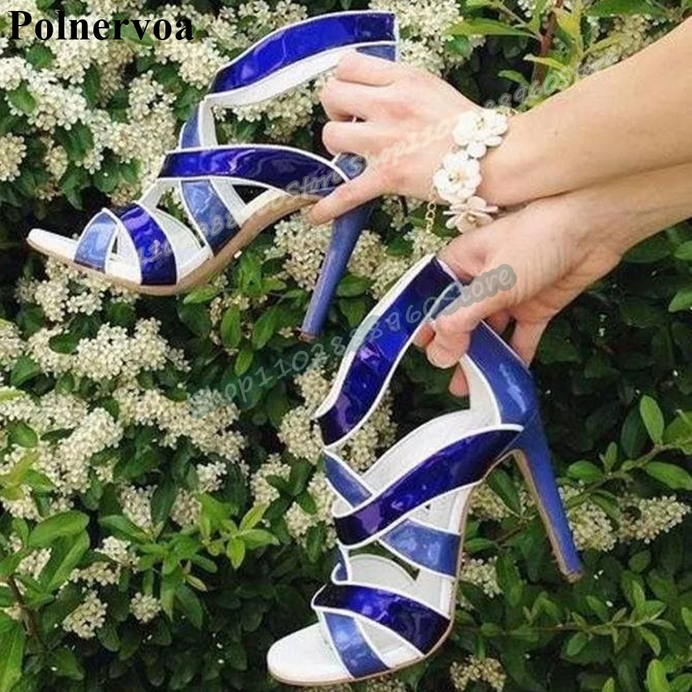 

Blue Glossy Leather Cross Strap Sandals Stilettos High Heel Shoes For WomenBack Zipper Open Toe Elegant Gorgeous SandalsSandals