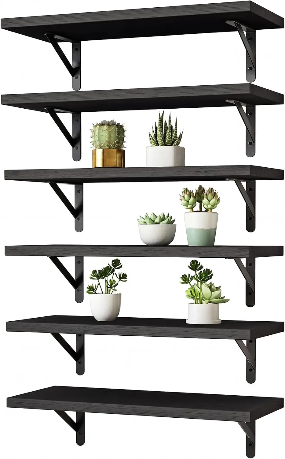 Set of 6 black 16.5‑inch floating wall shelves, wall‑mounted home decor and storage ledges for bedroom, living room, bathroom, kitchen and office display.