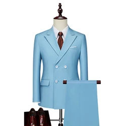 Men's Double-Breasted Business Casual Suit Two-Piece Set Polyester Fashion Wedding Handsome Boutique Trousers Included