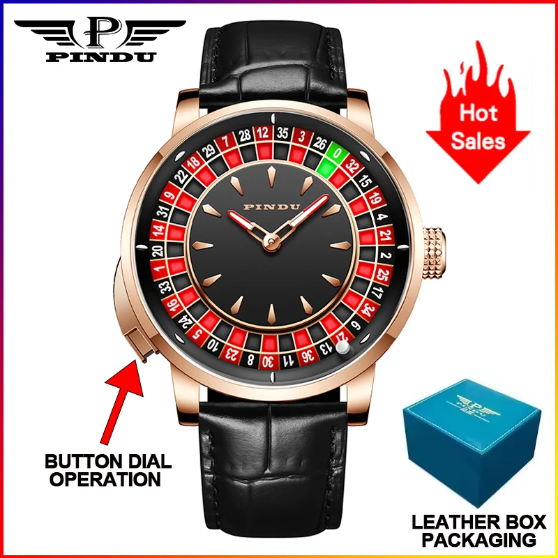 PINDU Design Nieuwe Drukknop Draai Russische Roulette Spel 46MM Mechanisch Herenhorloge NH35A Saffierglas Diamant Wijzerplaat Herenhorloge