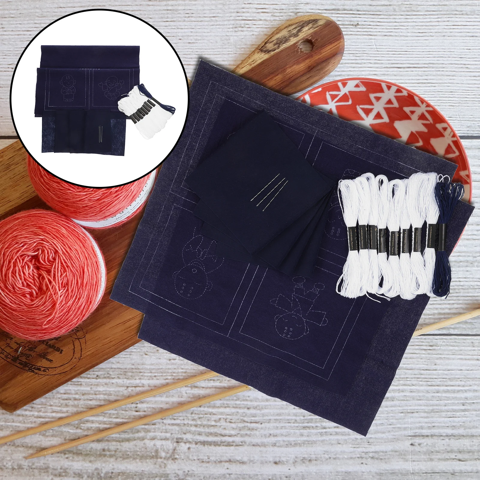 

1Set Sashiko Embroidery Kit for Beginners with Diverse Patterns Round Coasters DIY Tea Table Accessories Hand Sewing