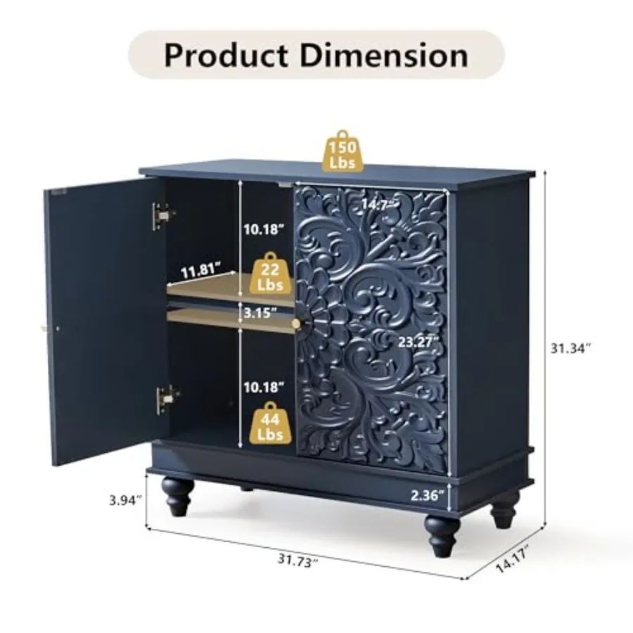 31 Accent Storage Cabinet for living room, MDF wood in white, floral embossed 2-door sideboard with smooth glide drawers and hi