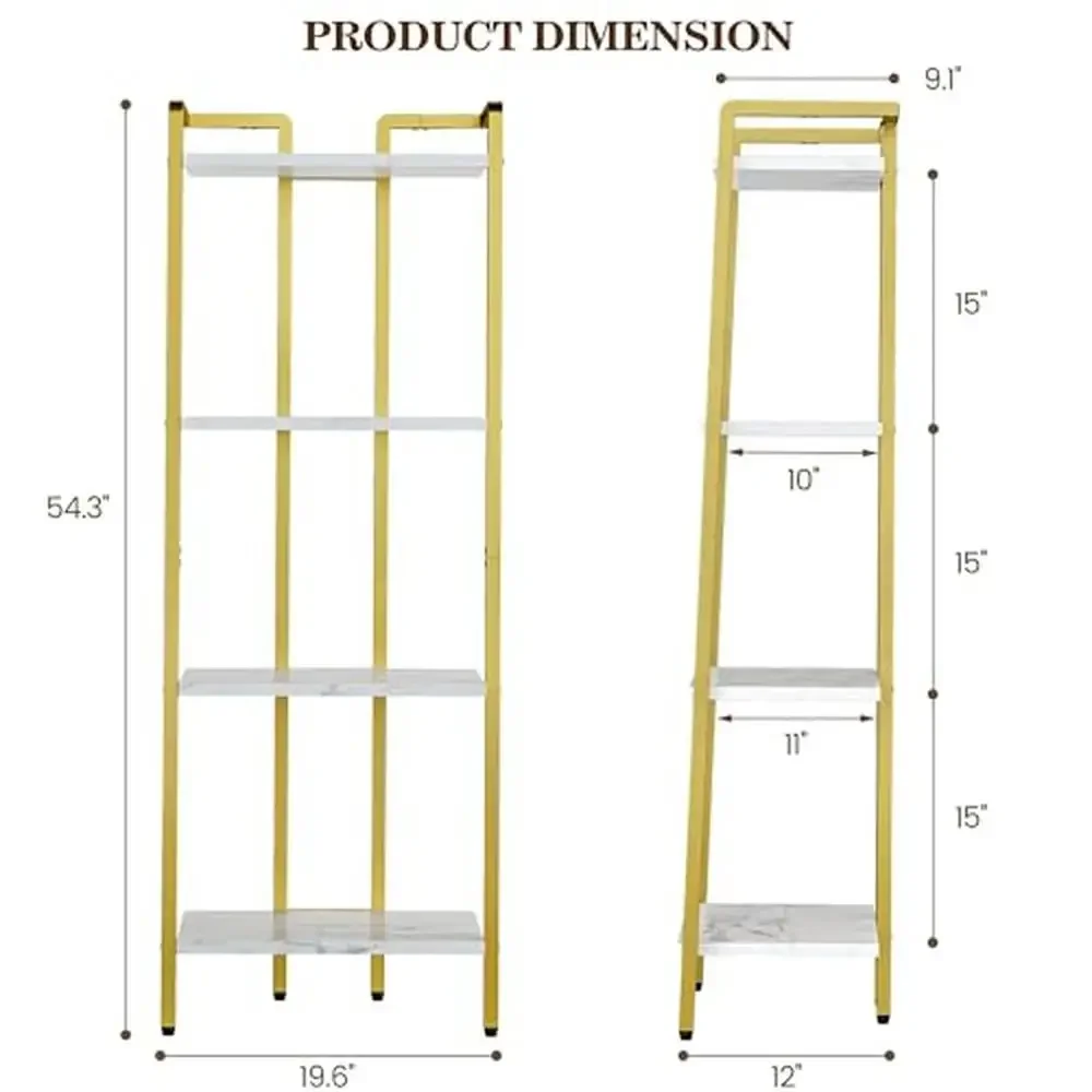 Narrow Metal 4 Tier Bookshelf Open Display Shelves Modern Marble Accent Small Gold Bookcase Compact Multifunctional Home