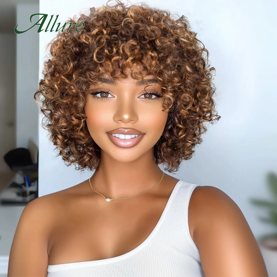 

Short Pixie Bob Cut Human Hair Wigs For Women Jerry Curly Brazilian Hair Wig With Bangs 10 inch Highlight Colored Wigs Allure