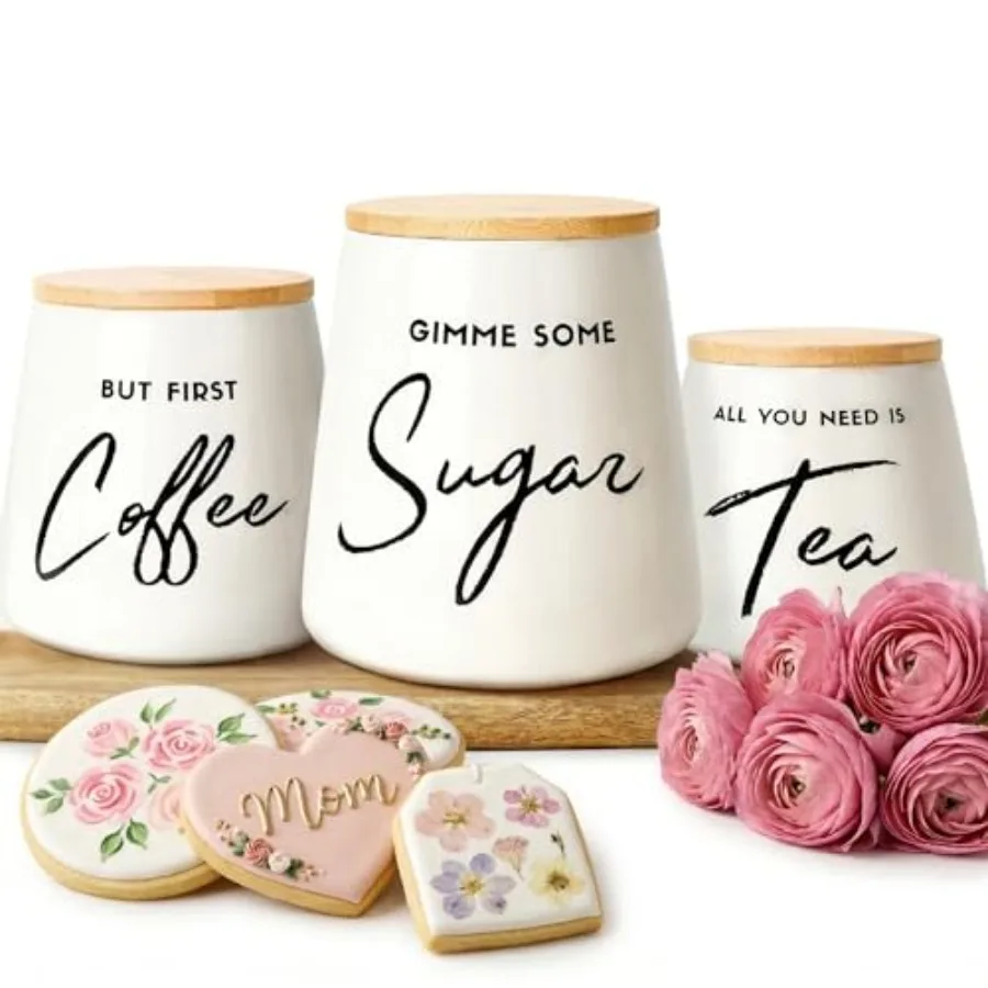 

Coffee Tea and Sugar Ceramic Canister Set with Bamboo Lids - 3-Piece Airtight Kitchen Canisters for Countertop - Coffee Bar Con