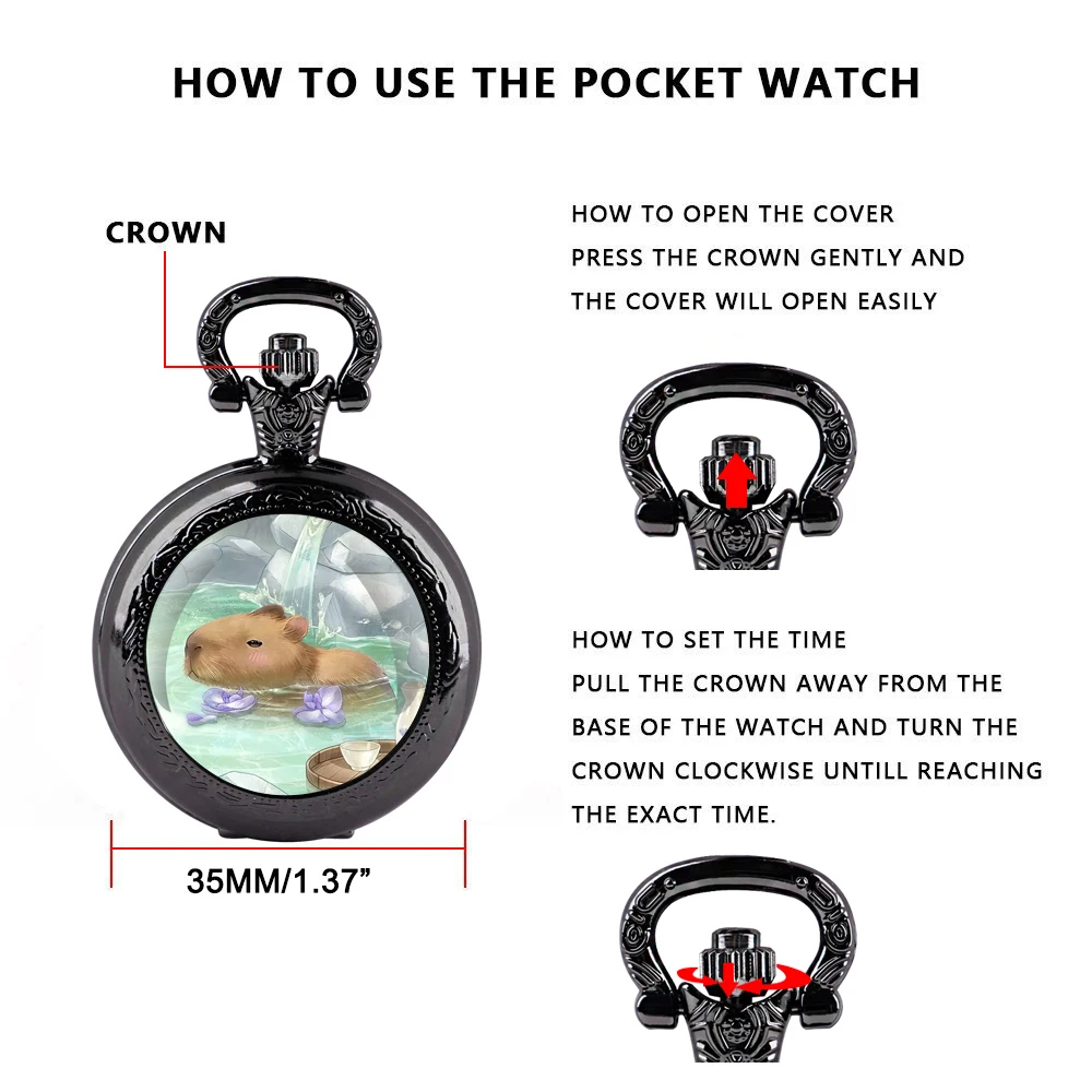 Capybara Bath Fun Design Glass Dome Quartz Pocket Watch with Arabic Numerals Dial Durable Chain Perfect For Easter Gifts