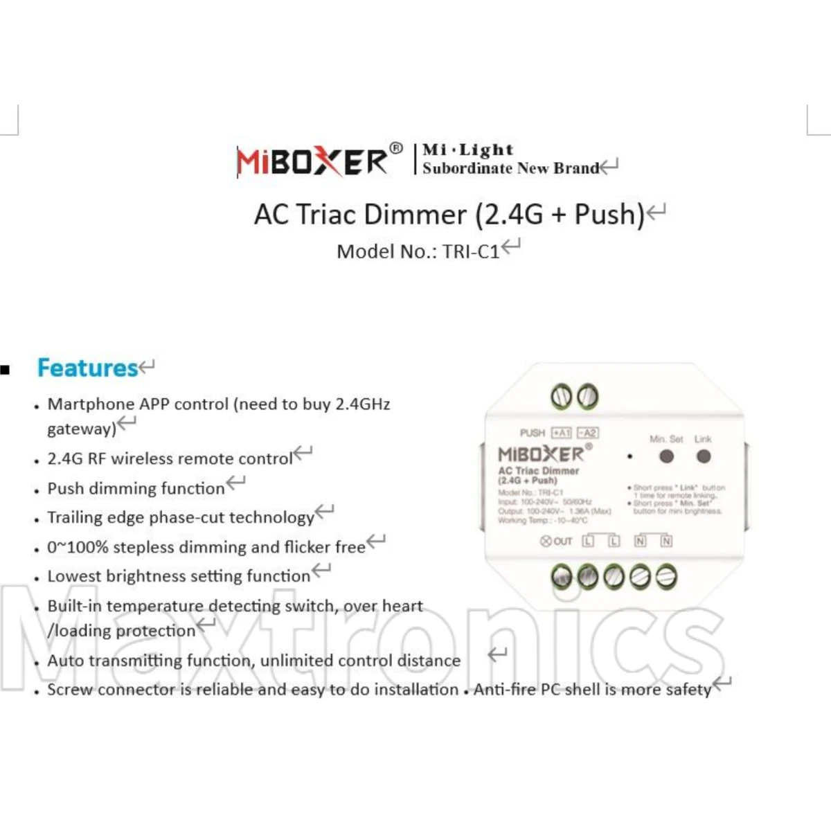 MiBoxer TRI-C1/TRI-C1WR/TRI-C1ZR AC Triac Dimmer 2.4G RF Remote WiFi App /Voice Push Control 300W AC 110V 220V for Halogen Lamps