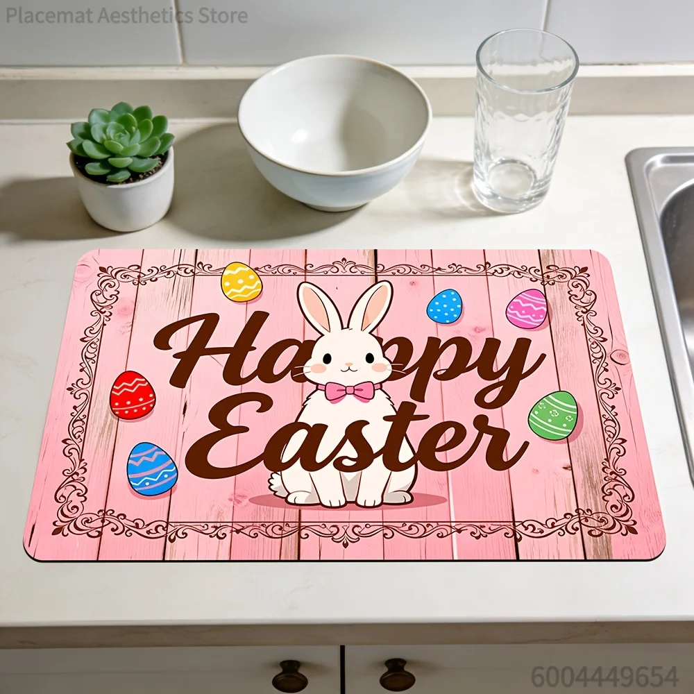 Geometric & Easter Bunny Cute Cat Floral Cupcake Print Super Absorbent Drying Mat, Waterproof Kitchen Drain Pad, Decor Placemat