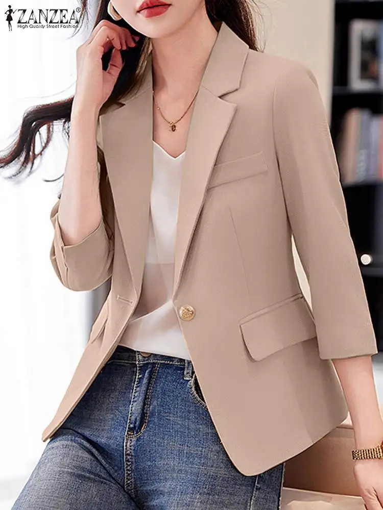 ZANZEA Elegant Lapel Neck 3/4 Sleeve Officewear Coats Jackets Thin Autumn Women Blazer Stylish OL Work Suits Female Outwears