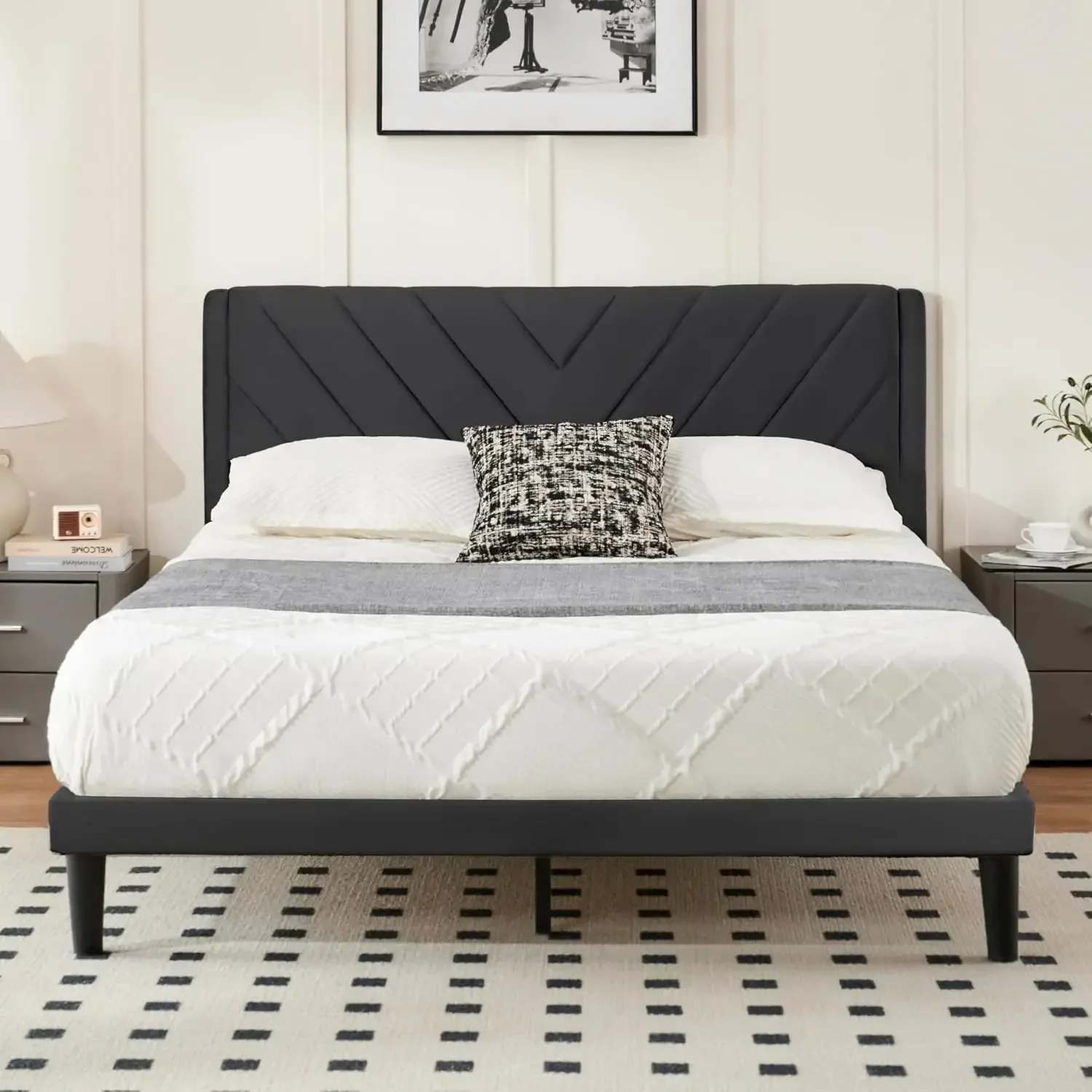 

Queen Bed Frame Velvet Headboard Wooden Slats Platform Mattress Foundation No Box Spring Easy Assembly
