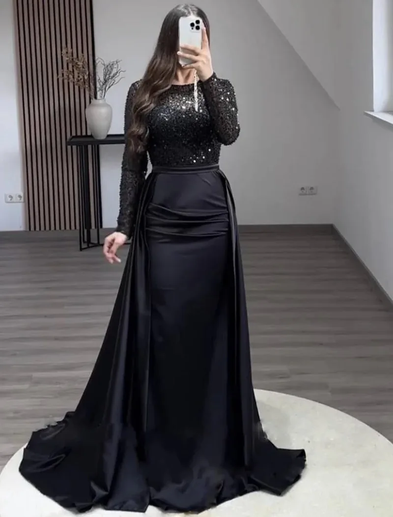2026 Elegant Evening Dresses Women's Chic Sequin Splice O-neck Long Sleeve Pleated Maxi Dress Sexy High Waist Slim Banquet Gowns