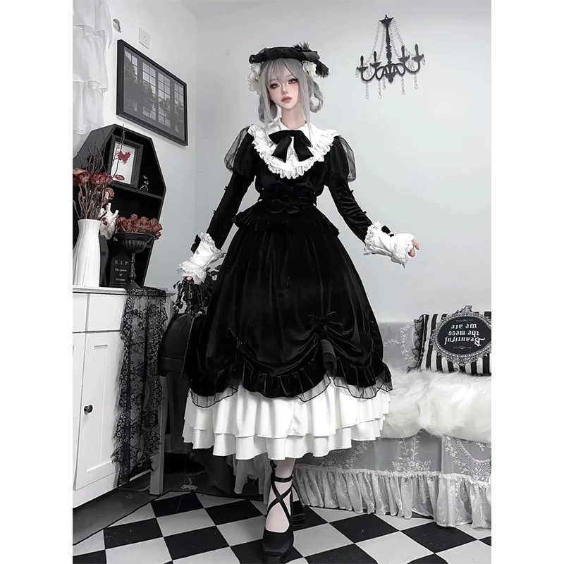 Robe Lolita Noire en Dentelle pour Femme, Tutu de Princesse, Costume de Noël et du Nouvel An