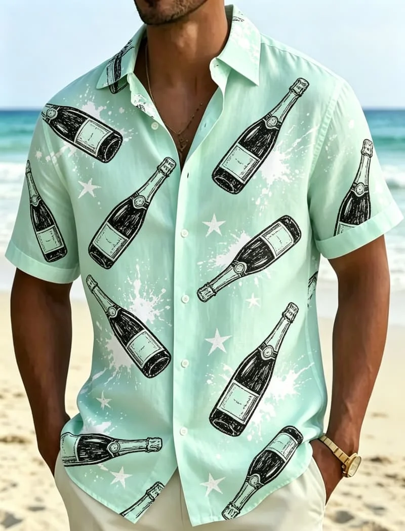 Fashionable Men's Tropical Wine Glass Print Suitable for Summer Wear, Beach Activities, and Versatile Style Shirts