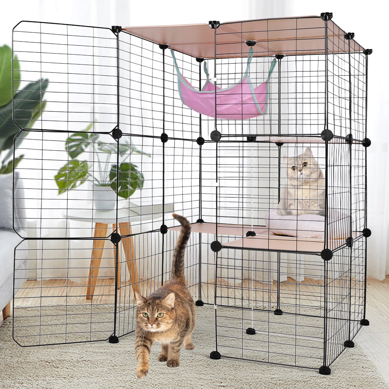 

3-Tier Detachable Cat Cage W/ Hammock & Bed DIY Enclosure Pet Playpen Kitten Playpen Cage Large Exercise Place Ideal for 1-3Cats