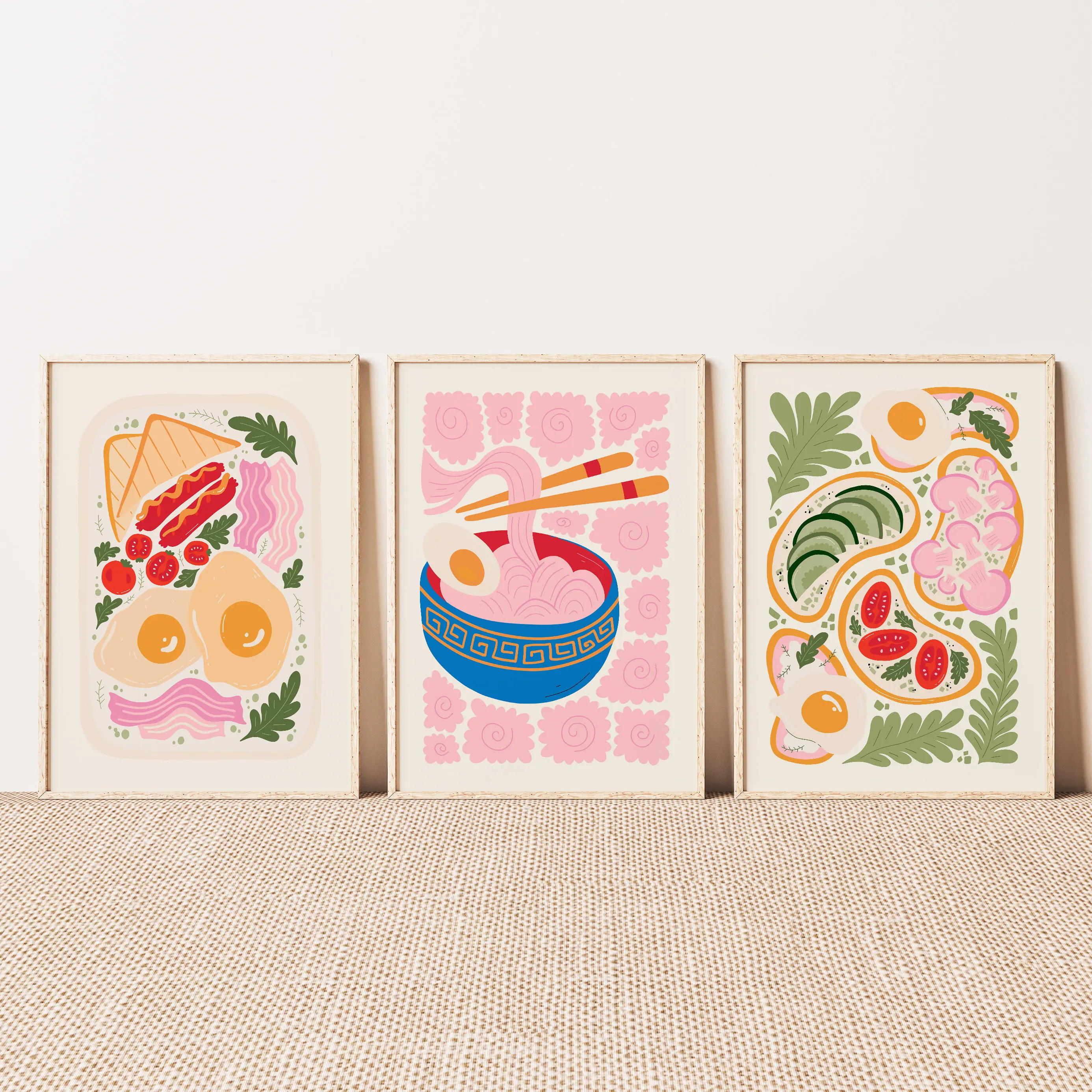 3PCS  Frameless,3pcs Japanese Ramen Posters Fried Egg, Tomato, and Vegetables Frameless Canvas Prints for Kitchen, Dining Room,
