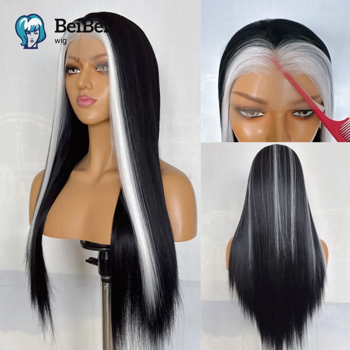 

Черно-белый парик Ombre 13*4 Парики спереди 26 дюймов Длинные прямые парики для женщин Высококачественные синтетические парики на шнурке для косплея