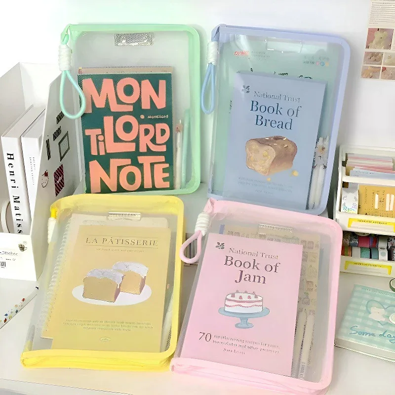 

Portable File Folder Case Transparent Handle Storage Organizer Bags A4 Zipper File Bag Candy Color Stationery Holder Supplies