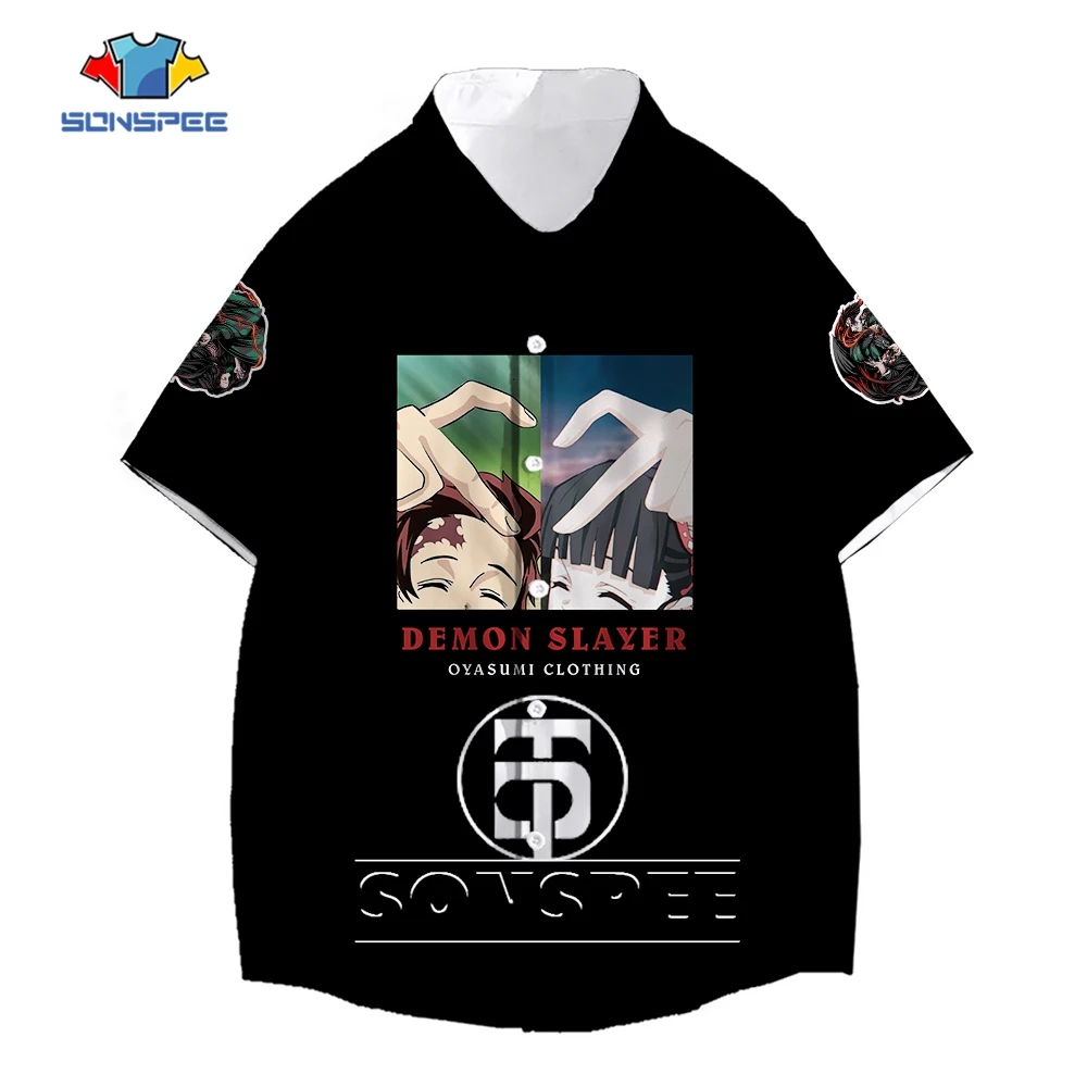 

SONSPEE Hot Japanese Anime Demon Slayer 3D Print Botton Shirt Tanjirou Unisex Harajuku Cartoon Blouse Short Sleeve Hip Hop Tops