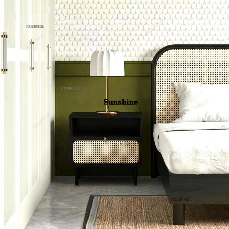 Nordic Wooden Bedside Table for Bedroom Furniture Minimalist Rattan Creative Nightstand Simple Retro Storage bed Side Cabinet