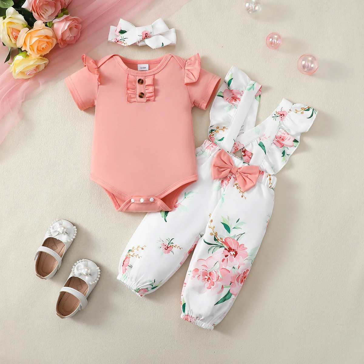 

Summer 0-1 Years Old Infant Baby Girls Short-sleeved Tops And Flowers Print Strap Pants Casual 3-Piece Set