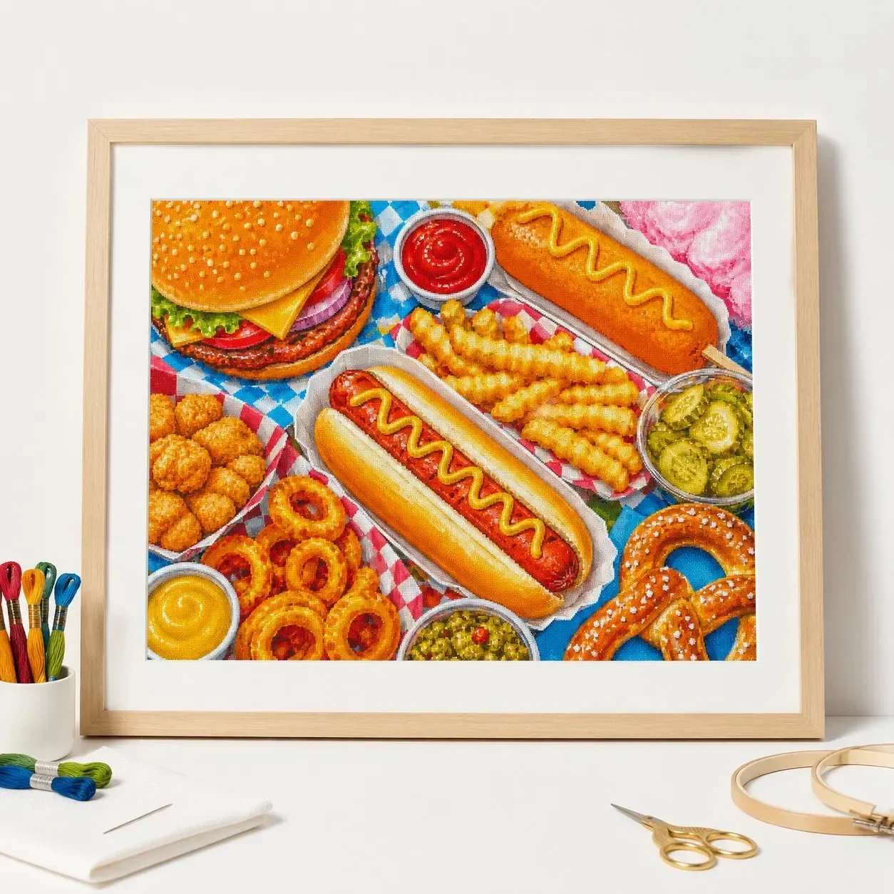 Stamped Cross Stitch Kit 11/14/16/18CT Printed Canvas Cotton Threads DIY Embroidery Wall Decor[ZZ9150-Food Story Hot Dog Fries]