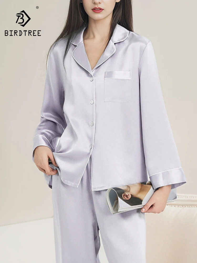 

BirdTree, 19MM 100%Real Silk Pajamas Set, Women Long Sleeve Solid, Sexy Casual Long Pants Homewear, 2024 Summer Autumn S48086QC