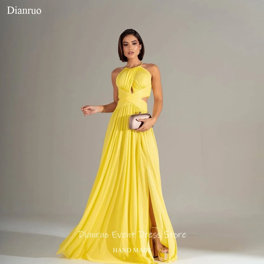 Dianruo Bright Yellow Evening Dress Halter Ruched Bohemian Party Gown 2026 A Line Cutout Chiffon Vestidos Formales Customized