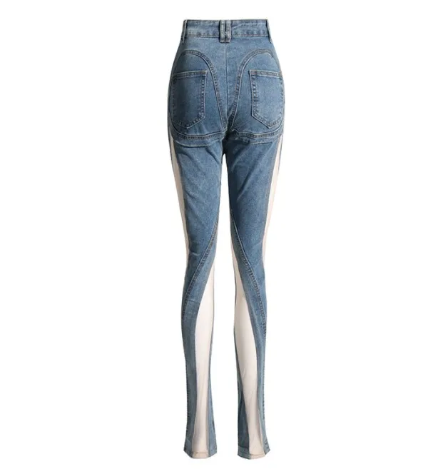 Imagem -05 - Calça Jeans Sexy Feminina de Nicho Calça Lápis Espiral Oca de Malha Patchwork Sentido Calça Skinny Jeans Nova Primavera e Outono