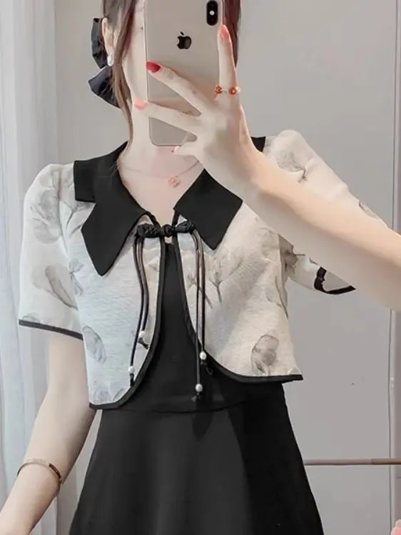 

New Chinese Sle awl Collar Sun Protection Top Women Summer Vintage Buttoned Chiffon Outerwear with ter Dr Top