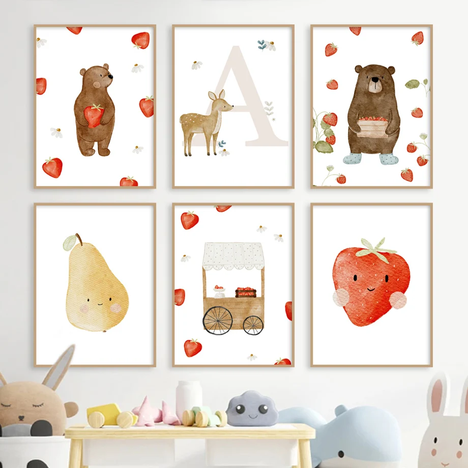 Wall Art Canvas Painting Nordic Cute Bear Squirrel Elephant Fox Strawberry Posters and Prints Wall Pictures Baby Kids Room Decor