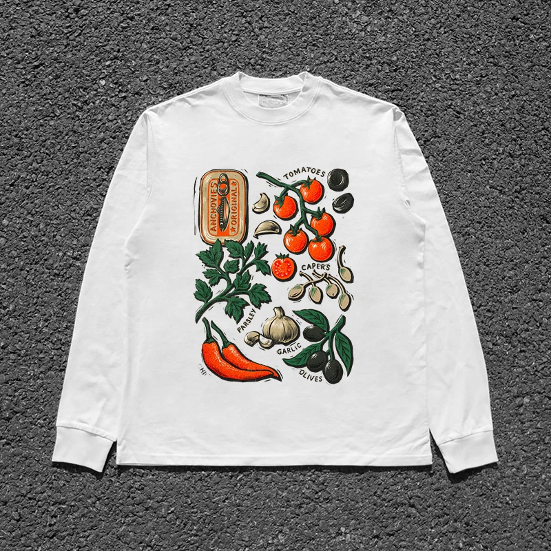 Heavyweight 260G Loose Long Sleeve T-Shirt Youthful Popular Men's Women's Base Shirt Chili Persimmon Pattern by Wang Studio