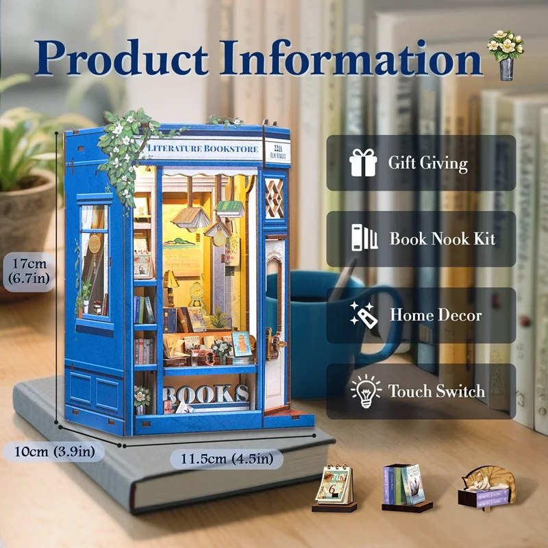 CUTEBEE Miniature Bookstore Kit 3D Wooden Dollhouse with Detailed Furniture  Warm Lighting Relaxing DIY Project for Teens Adults