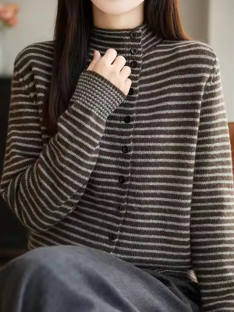 Thiened Stripe Knitted f High Collar Sweater Coat Women's Winter Faionable Versatile Korean Retro Sweater Commute Sle