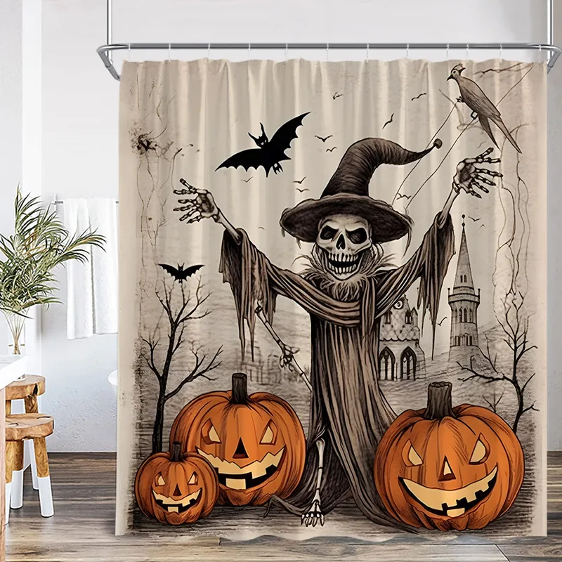 Horror Halloween Shower Curtains Pumpkin Skeleton Black Raven Cat Castle Skull Bath Curtain Set Home Bathroom Decor with Hooks