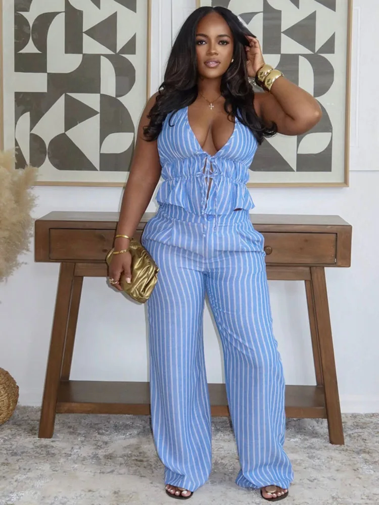 

Doyerl Striped Vacation Outfits for Woman 2 Piece Set Summer Halter V-neck Backless Ruched Top and Wide Leg Pants Matching Sets