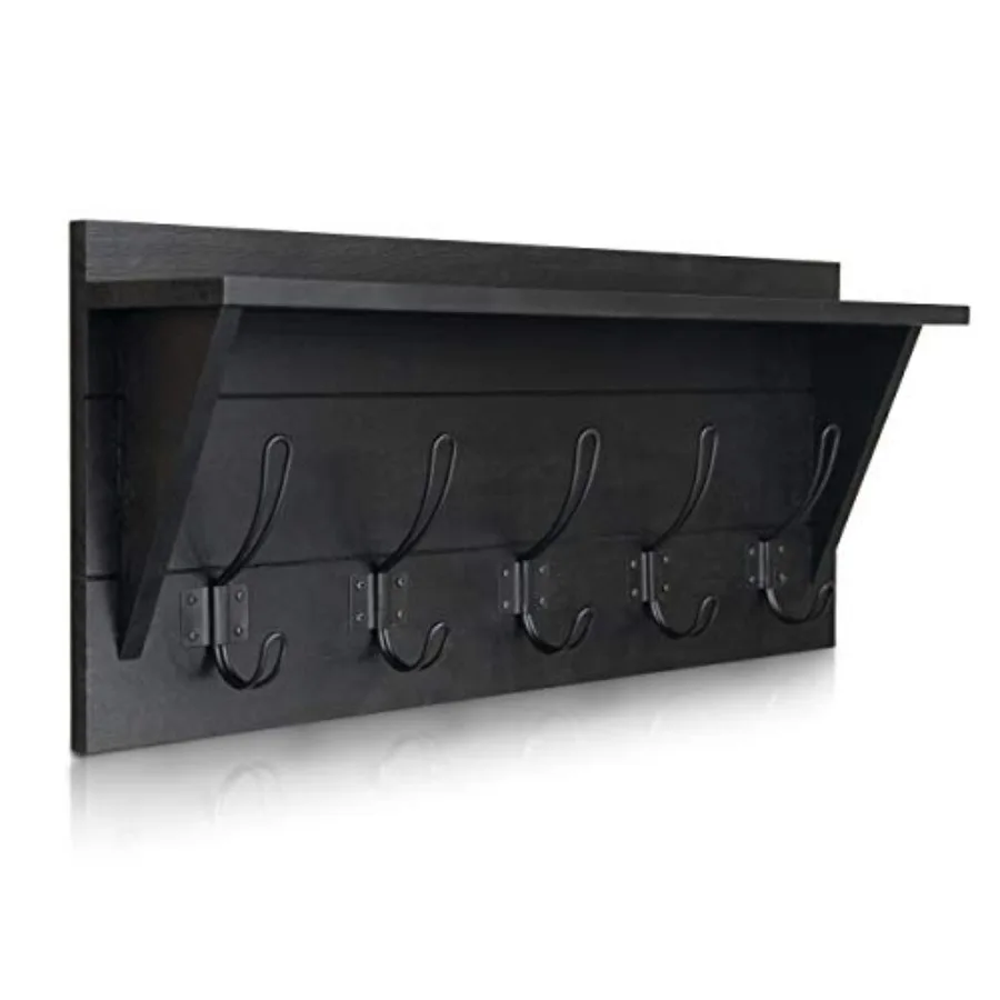 

Wall Mounted Coat Rack Shelf, Rustic Wooden Country Style 24" Entryway Shelf with 5 Rustic Hooks featuring Solid Pine Wood. Per