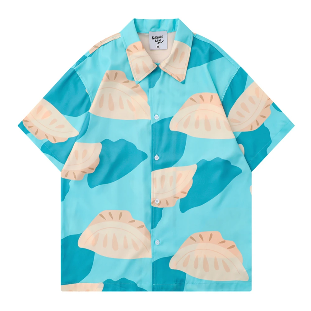 Camisa havaiana estampada completa de bolinho masculino, gola virada para baixo, azul, vermelho, verão