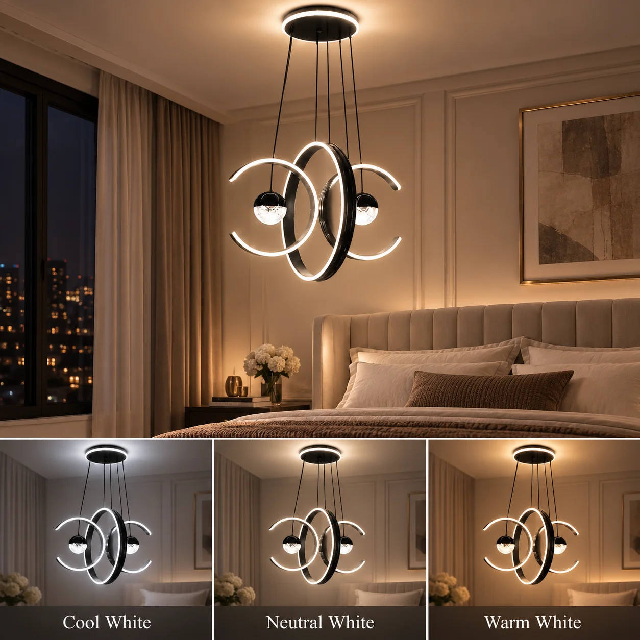 Modern LED Chandelier, Interlocking Ring-Style Suspended Ceiling Light with 2 Spherical Pendant Lamps, Featuring 3 Color-Changing Modes (3000K-4000K-6000K), Wall Switch Control, Adjustable Suspension Cord, Suitable for Home Decoration in Living Rooms, Din