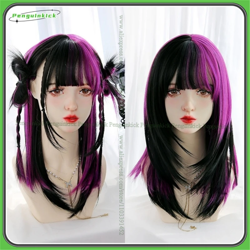 

Women Long Straight Synthetic Wig Highlight Bangs Black Mixed Purple Layered Hair Adult Lolita Simulated Scalp Heat Resistant JK