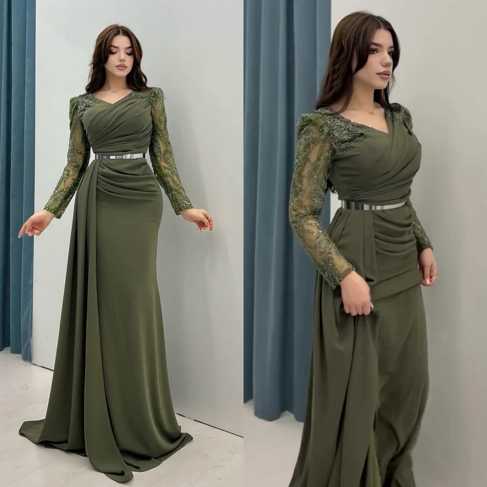 Customized Evening Jersey Sequined Beading Ruched Beach A-line V-neck Bespoke Occasion Gown Long Dresses  Sexy Casual