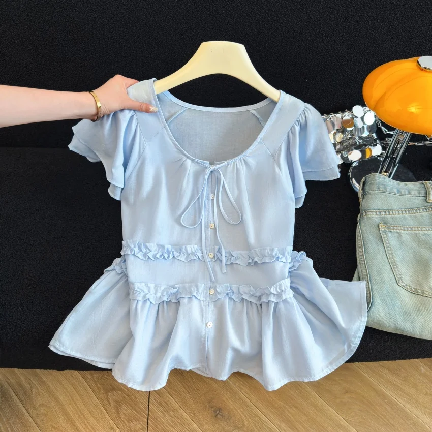 

Рубашка с короткими рукавами в корейском стиле, женская летняя рубашка с милым кукольным дизайном, дышащий, приятный для кожи топ из полиэфирного волокна