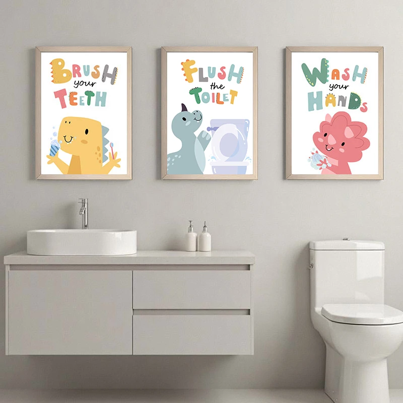 3PCS--Colorful Kids Bathroom Canvas Poster Print Playful Prompt Words Wall Art Picture Dinosaur Theme Toilet Quotes for Home